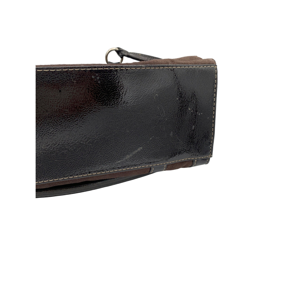 Brown Sag Harbor Shoulder Bag With Patent Leather Trim & Dual Handles
