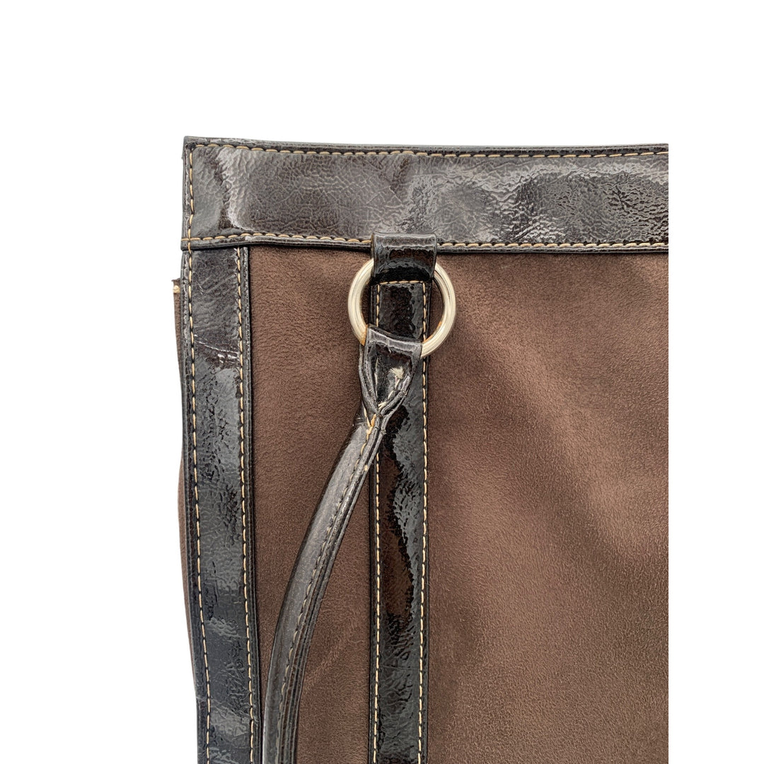 Brown Sag Harbor Shoulder Bag With Patent Leather Trim & Dual Handles
