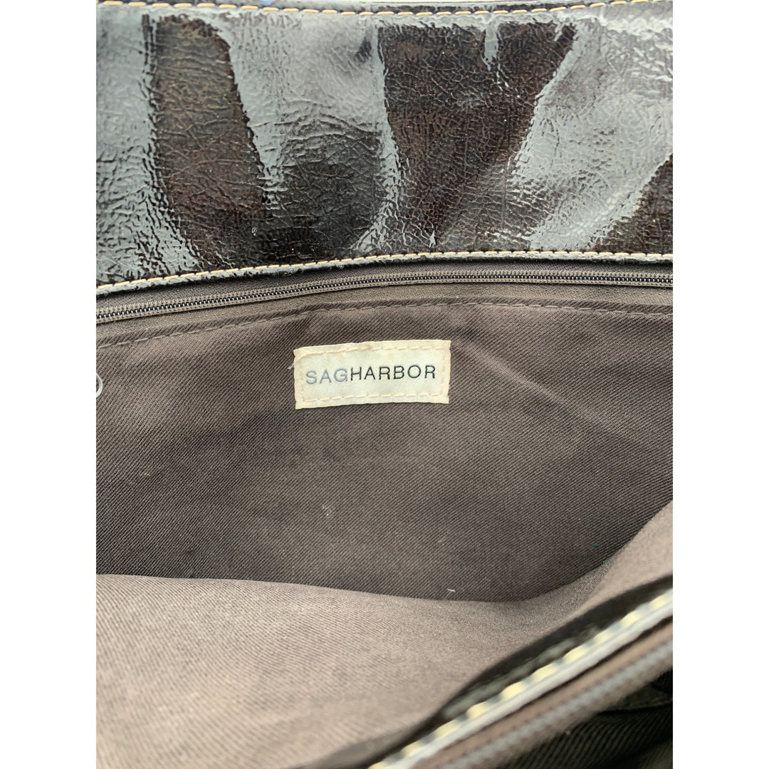 Brown Sag Harbor Shoulder Bag With Patent Leather Trim & Dual Handles