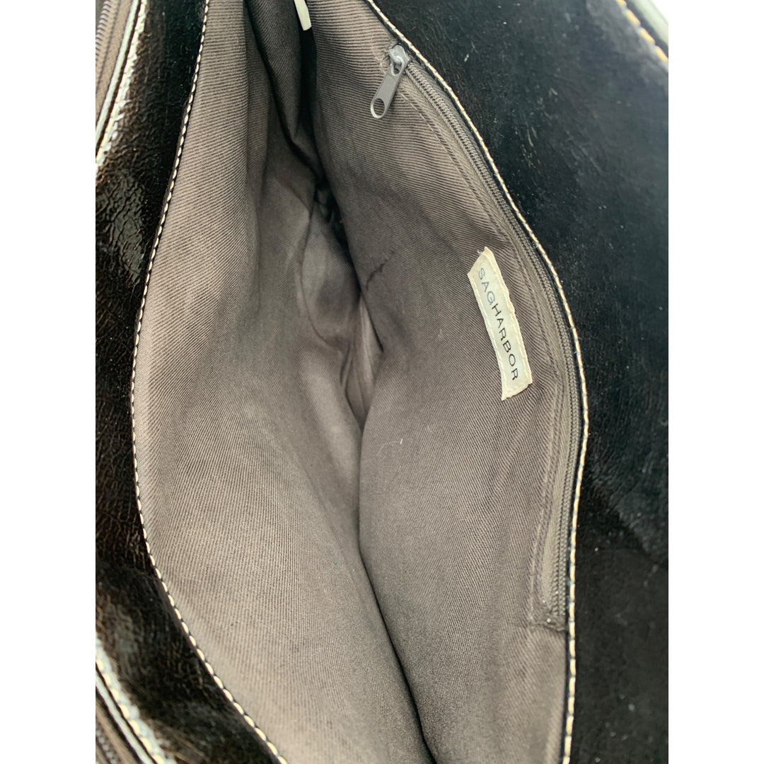 Brown Sag Harbor Shoulder Bag With Patent Leather Trim & Dual Handles