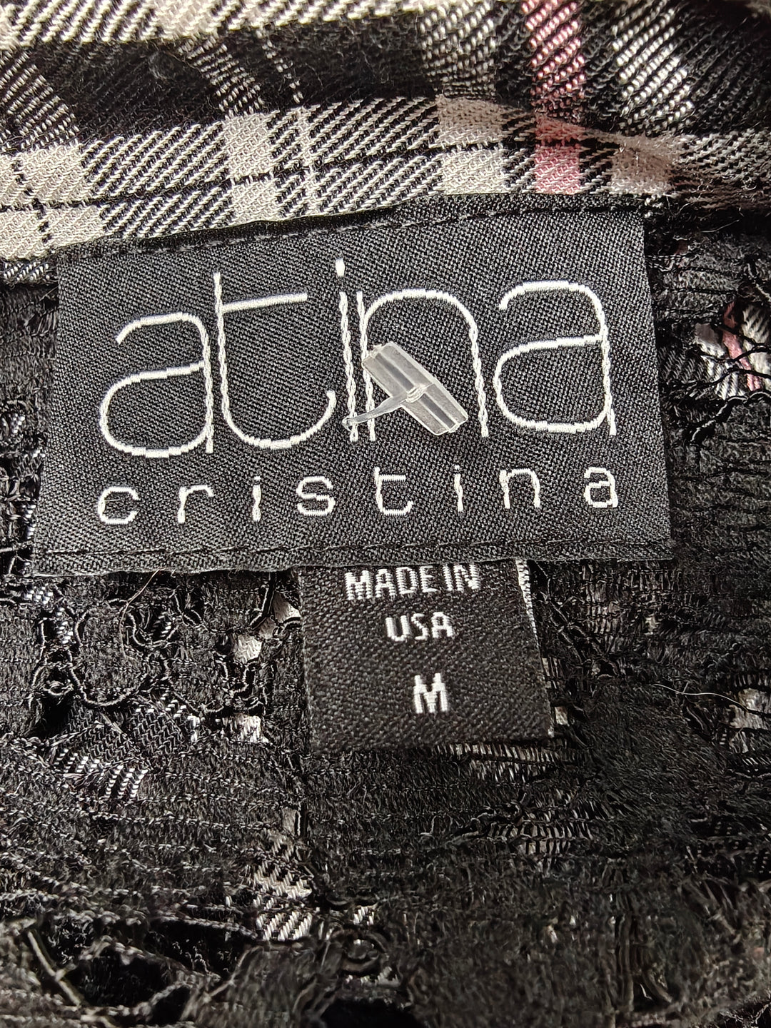 Women’s Atina Cristina Plaid Lace Tunic Blouse Black White Pink Medium