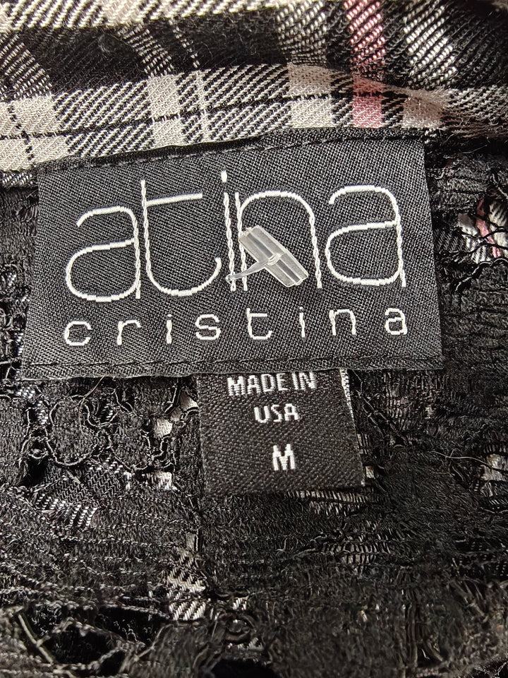 Women’s Atina Cristina Plaid Lace Tunic Blouse Black White Pink Medium