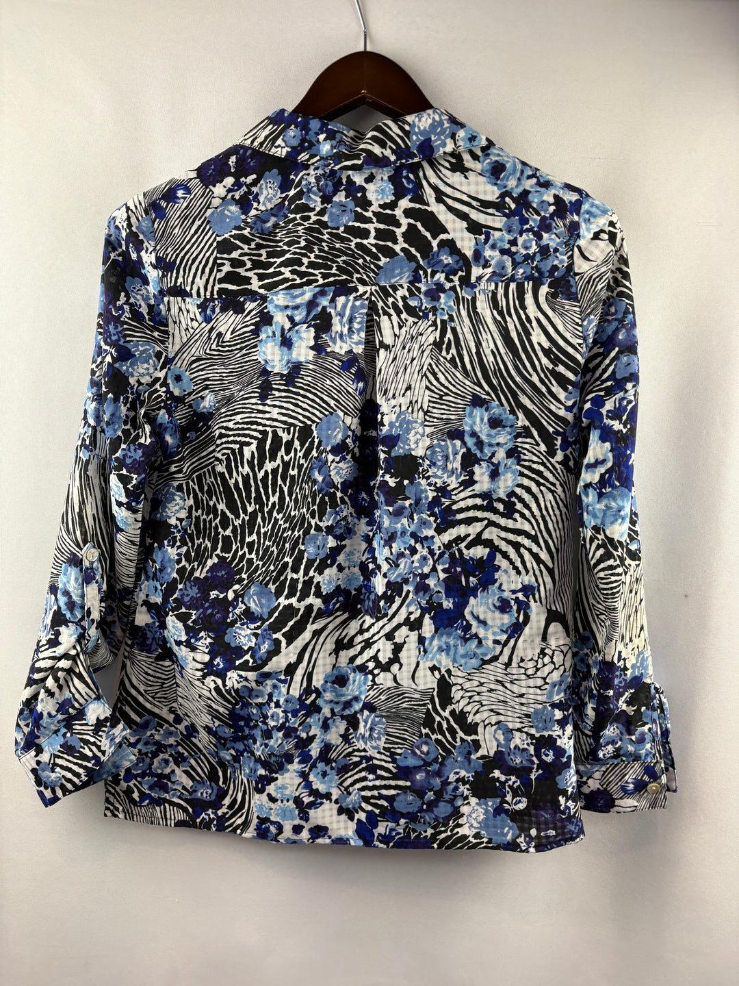Women’s Notations Small Blue, Black, & White Patterned Blouse