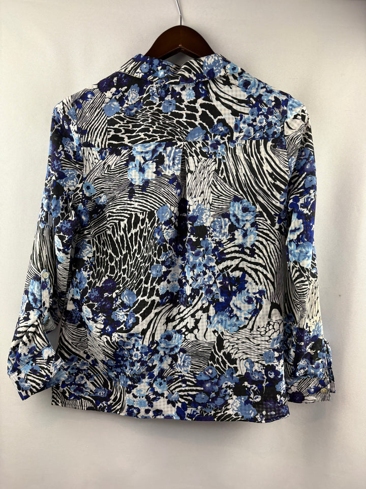 Women’s Notations Small Blue, Black, & White Patterned Blouse