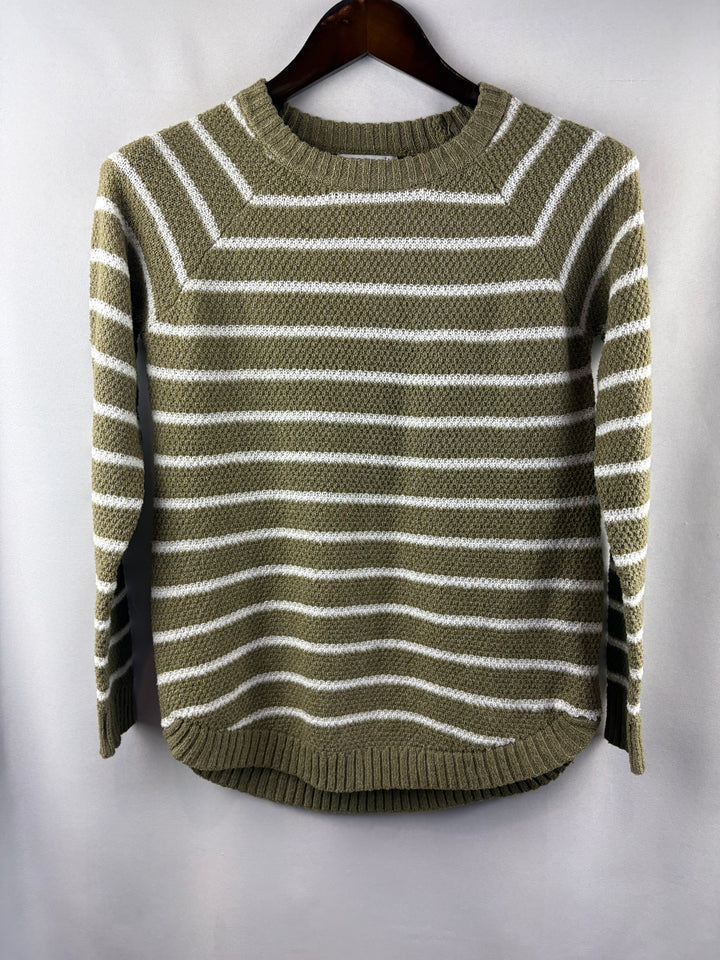Women’s Pink Clover Small Olive Green w/ White Stripes Sweater