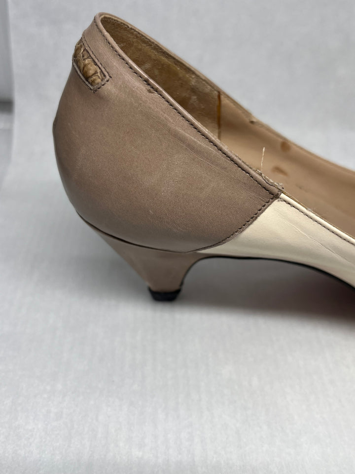 Amalfi Italian Leather Cream and Tan Pumps with Snakeskin Design Size 6.5