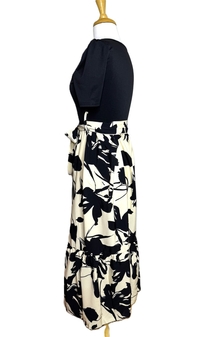 Women's Black & Cream Floral Print Maxi Dress, Puff Sleeves, Tie Waist, Size Small