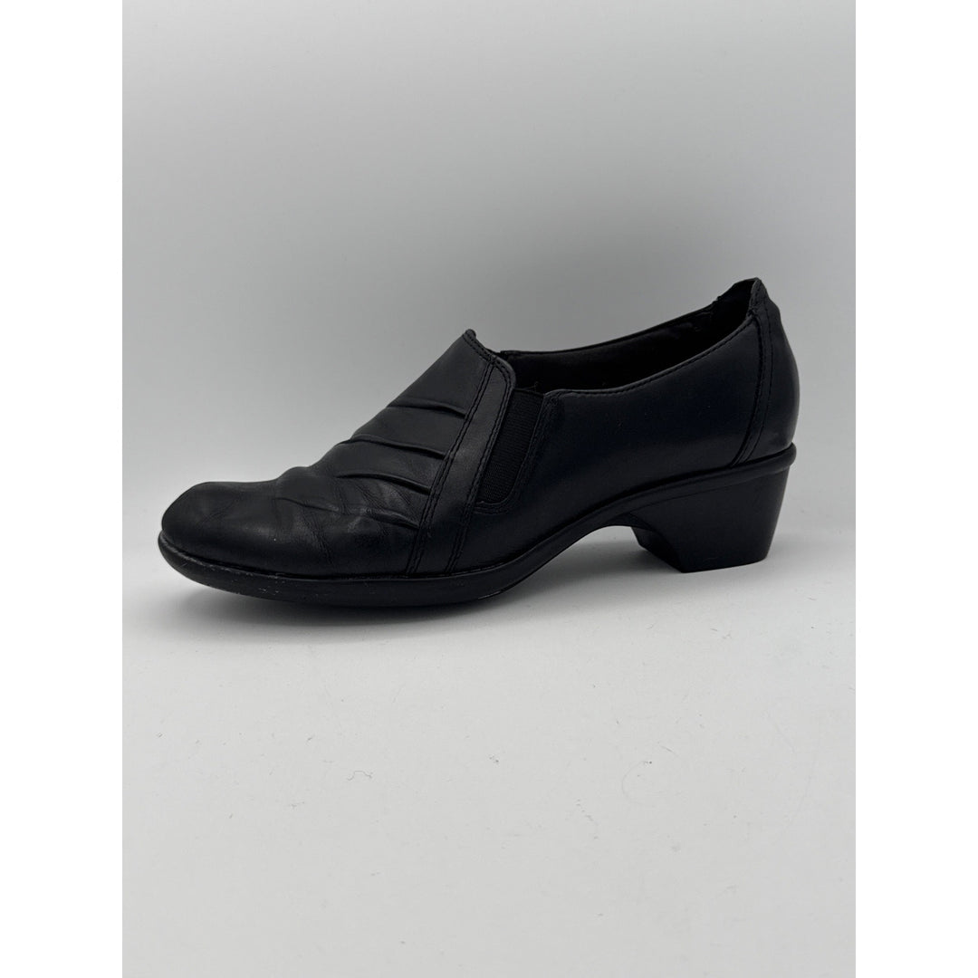 Clarks Womens Black Leather Heeled Loafers Size 6.5