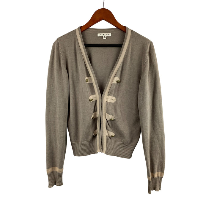 CAbi Womens Cardigan Sweater Size M Military Style Button Front 100% Cotton Beige