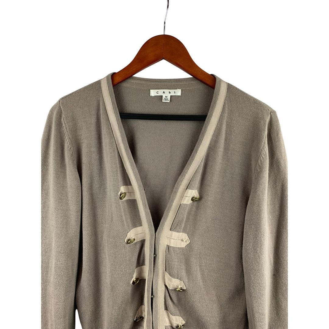 CAbi Womens Cardigan Sweater Size M Military Style Button Front 100% Cotton Beige