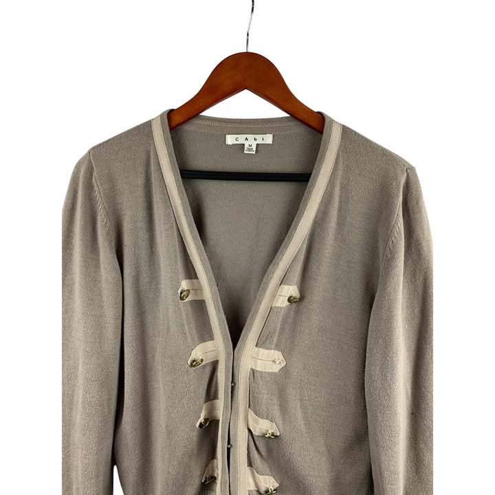CAbi Womens Cardigan Sweater Size M Military Style Button Front 100% Cotton Beige