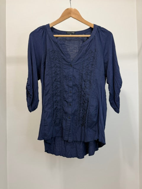 RXB Embroidered Mixed Media Tunic Blouse Roll Tab Sleeves SzL
