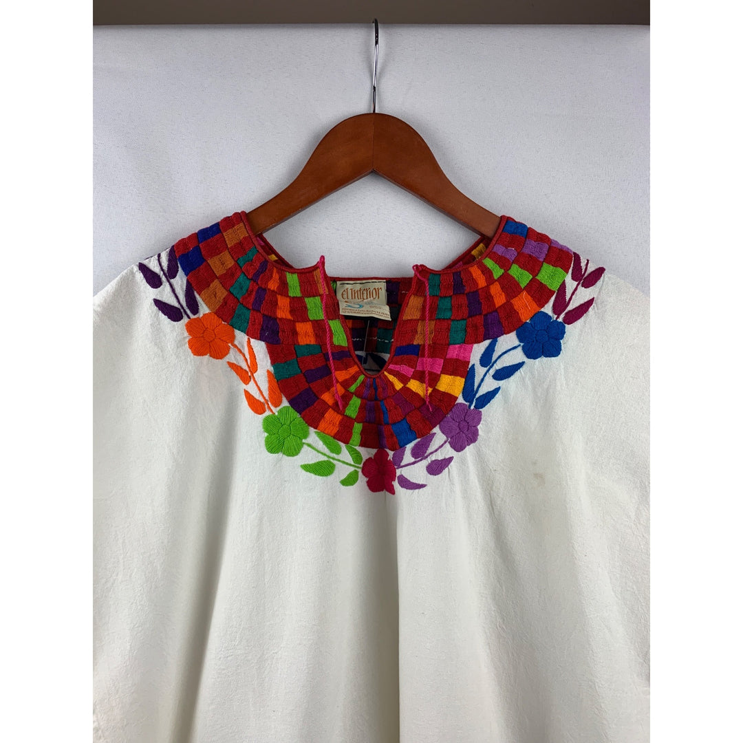 Women’s El Enterior White Floral Embroidered Puebla Shirt Size L
