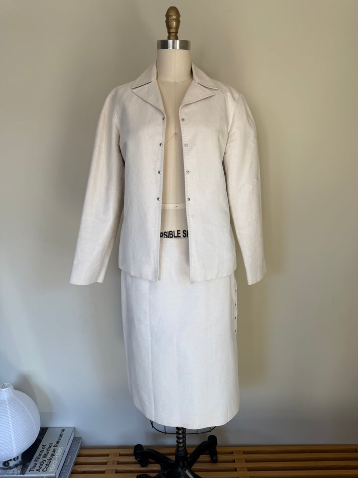 Louis Vuitton Paris Ivory Cotton Linen Skirt Suit Set Made in France Size 38