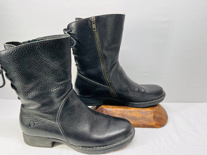 Born Women's Leather Mid Calf Boots Lace Up Back Side Zip Comfort Size 9