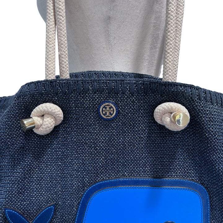 Tory Burch Knotted Whale Beach/Pool Tote Handbag Purse Blue Canvas Nautical Preppy Whimsical Vacatio
