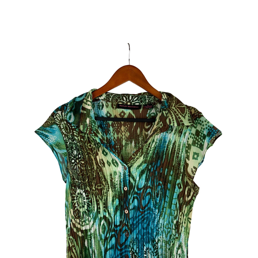 Hayley Matthews XL Womens Boho Top Green &amp; Blue Tribal Print Button-Down