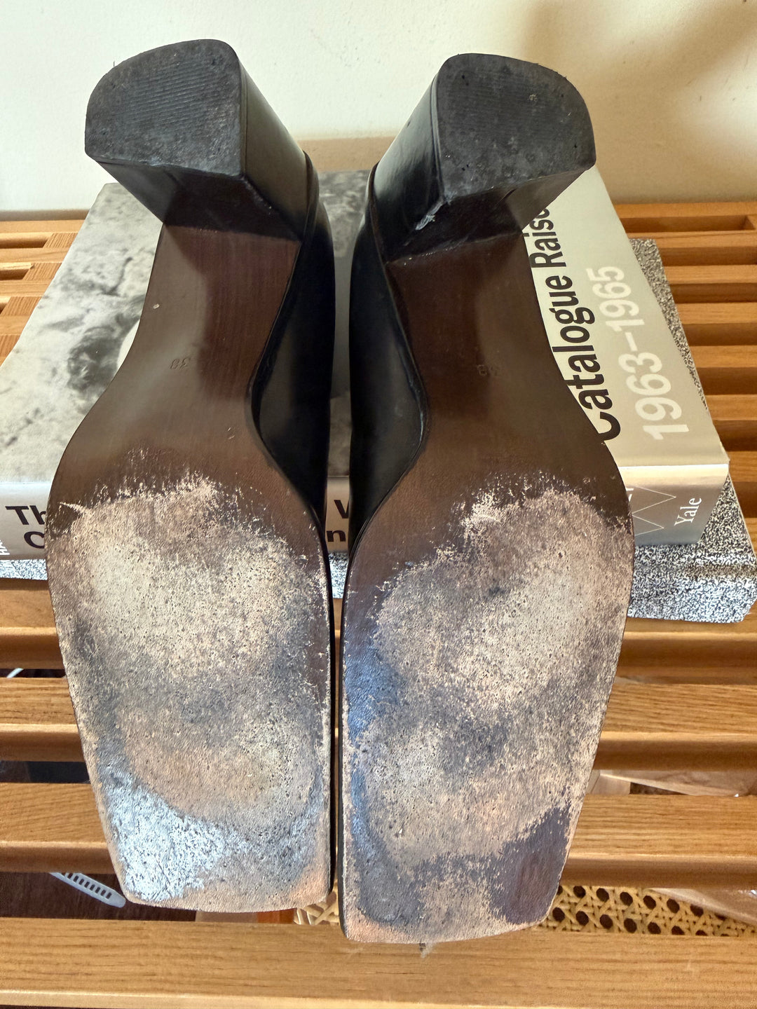 Vintage Audley Black Leather Square Toe Block Heel Pumps Size 38