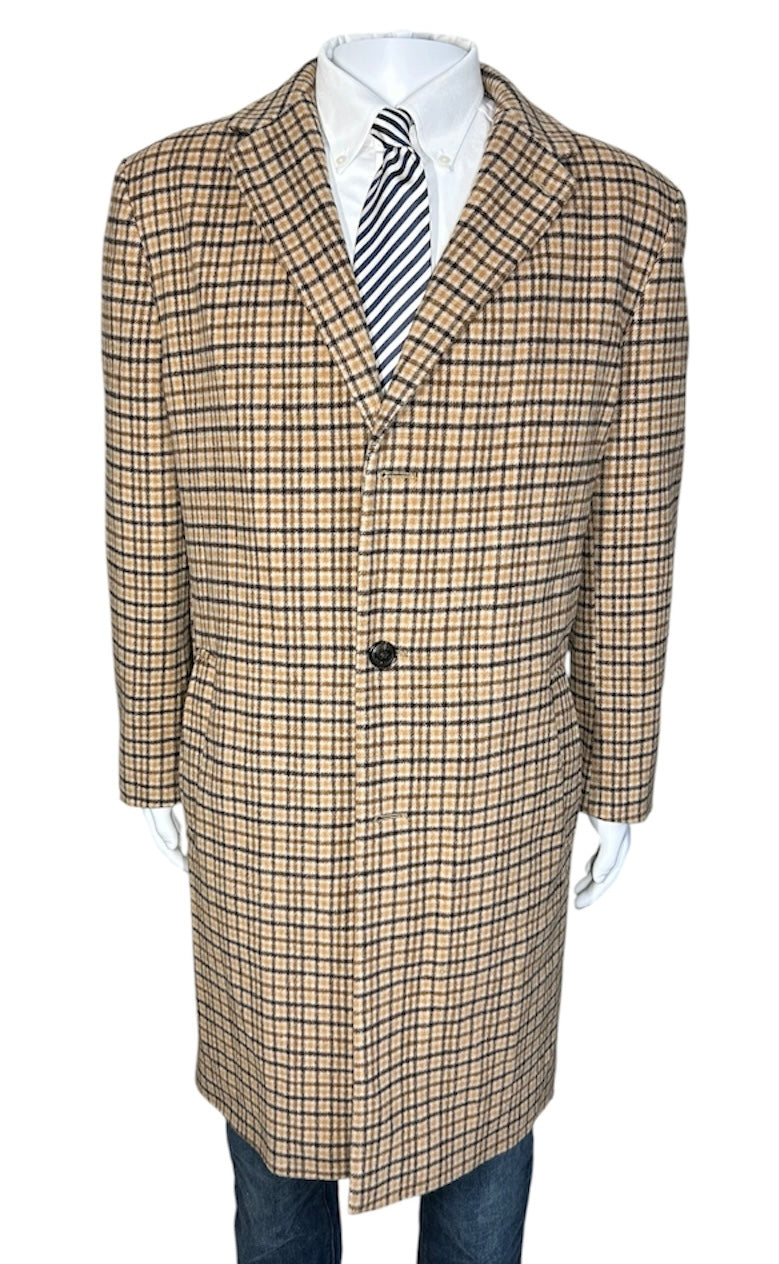 Tommy Hilfiger Men’s Size 46L Brown Beige Wool Blend Plaid Overcoat Topcoat