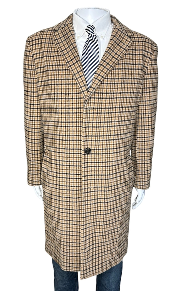 Tommy Hilfiger Men’s Size 46L Brown Beige Wool Blend Plaid Overcoat Topcoat