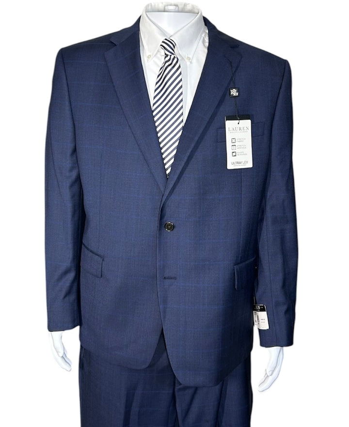 Lauren Ralph Lauren Lattimore Men’s Suit 46R 40x30 Navy Blue Plaid Wool Blend