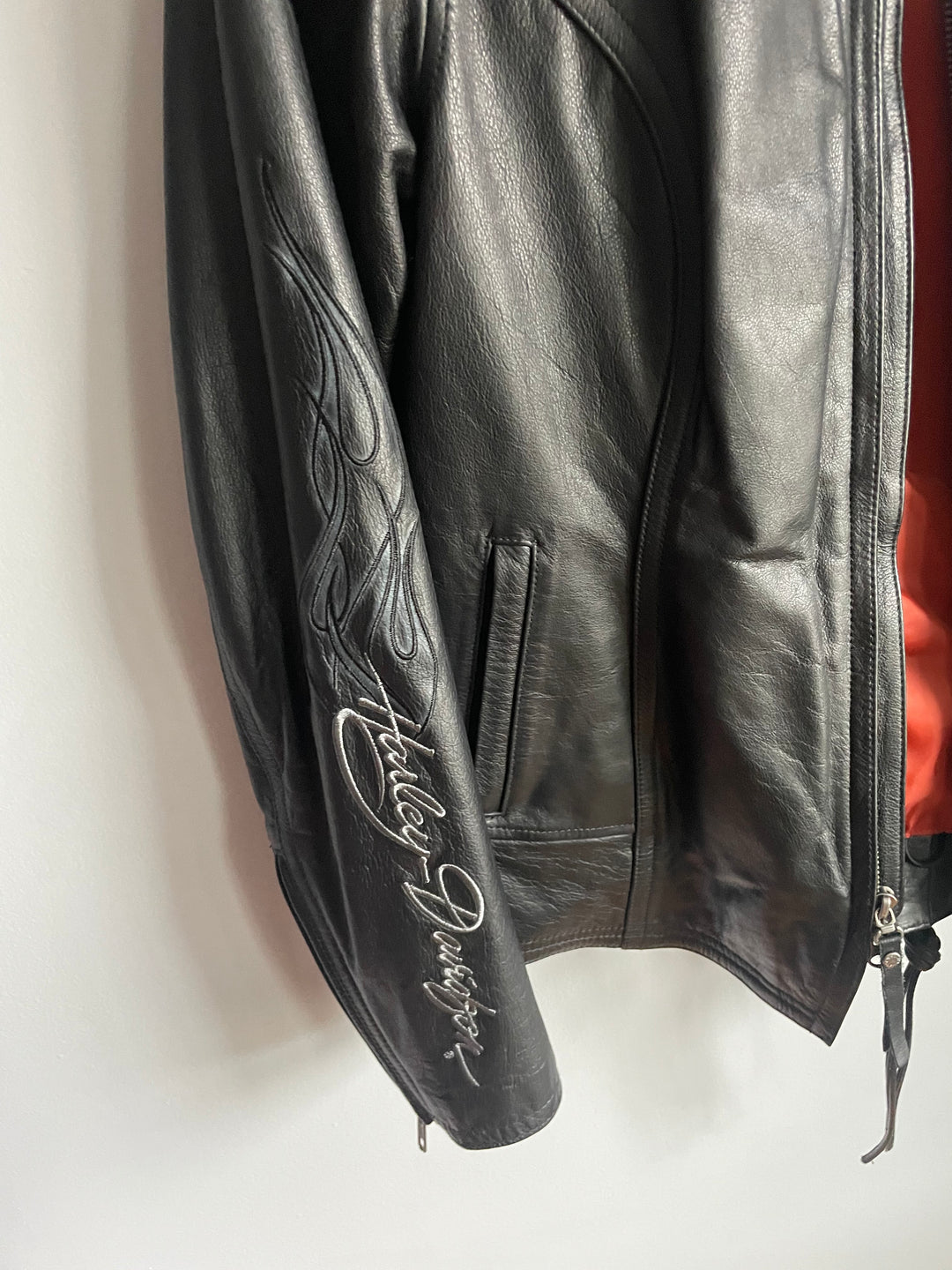 Harley Davidson Womens Black Leather Jacket Flame Embroidery Zip Front Sz M