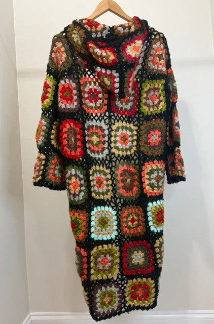 Anthropologie SAACHI Boho Hooded Granny Square Crochet Kimono Black Handmade