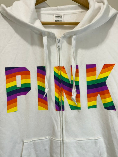 PINK Rainbow Logo Full Zip White Hoodie SzXL NWOT