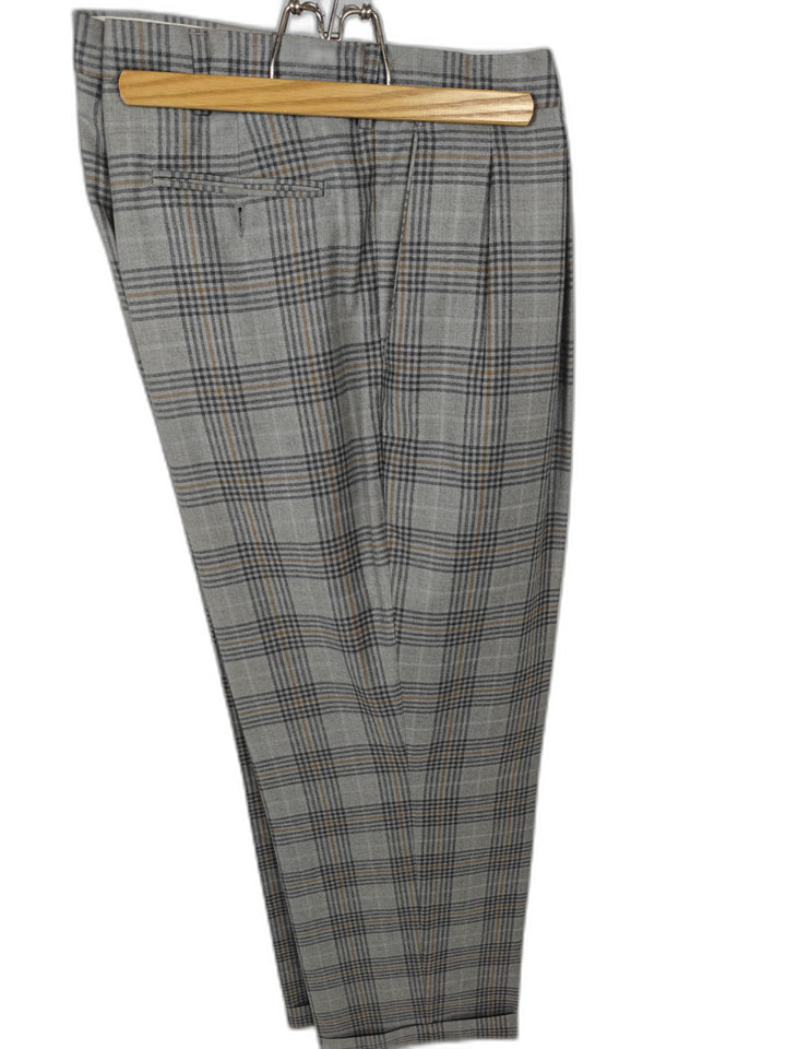 Paul Fredrick Men's Gray Plaid Windowpane Pleated Dress Pants Size 44 Classic Fit Slacks
