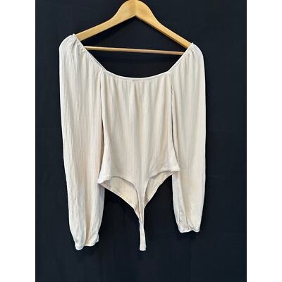Le Lis Collection Off-Shoulder Ribbed Knit Bodysuit M Beige