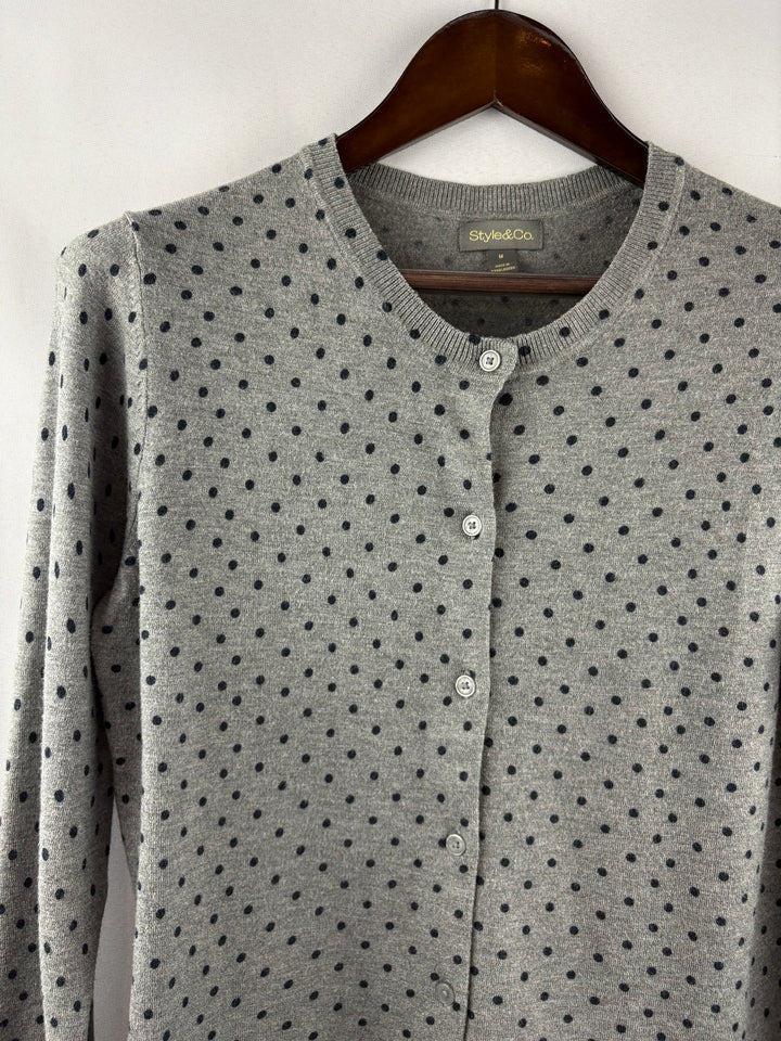 Women’s Style&Co Medium Heather Gray Cardigan w/ Navy Polka Dots