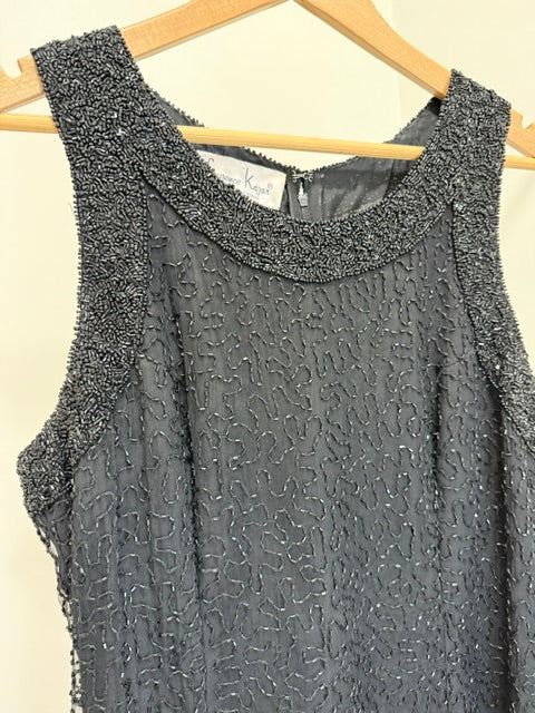 Laurence Kazar 90s Vintage Silk Black Beaded Dress SzL
