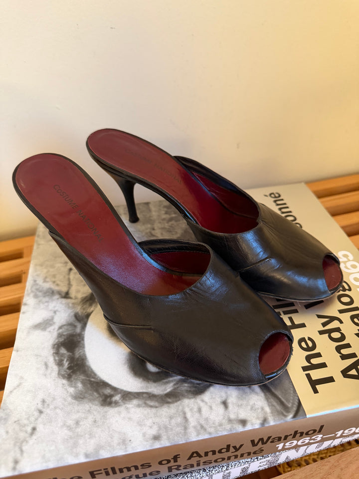 Costume National Black Leather Peep Toe Mule Heels Size 8