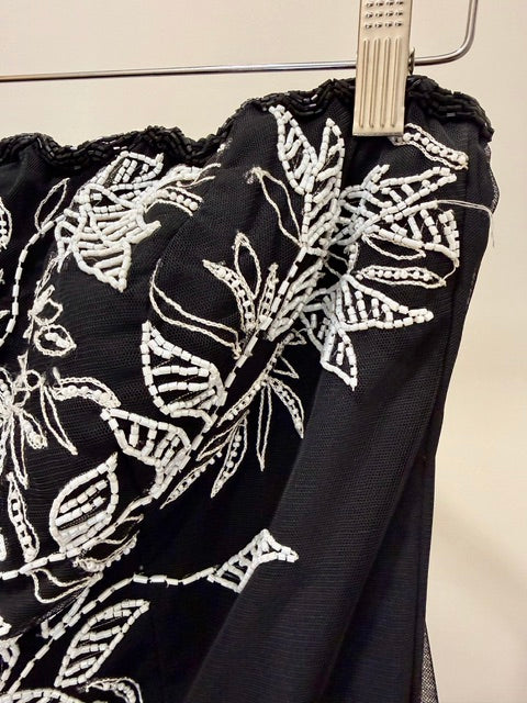 Cache 90s Vintage Strapless Black Mesh Gown w/White Embroidered Beaded Floral Accent SzL