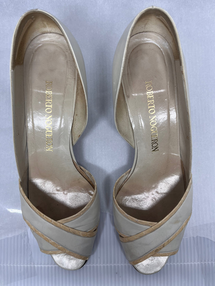 Roberto Nogueron Open Toe Cream Leather Heels Vintage Size 7