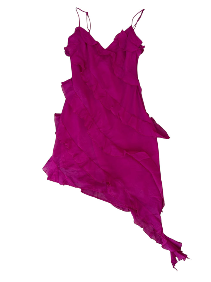 Abercrombie & Fitch Women's Fuchsia Barbie Pink Adjustable Straps Ruffle Asymmetrical Hem Mini Dress, size S