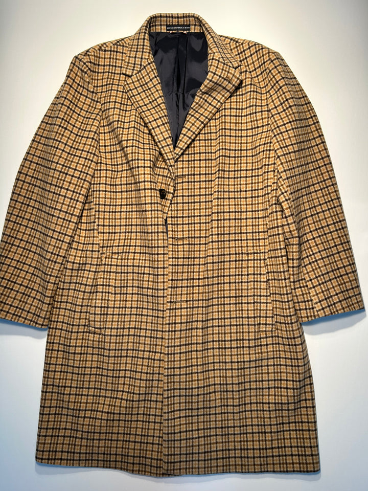 Tommy Hilfiger Men’s Size 46L Brown Beige Wool Blend Plaid Overcoat Topcoat