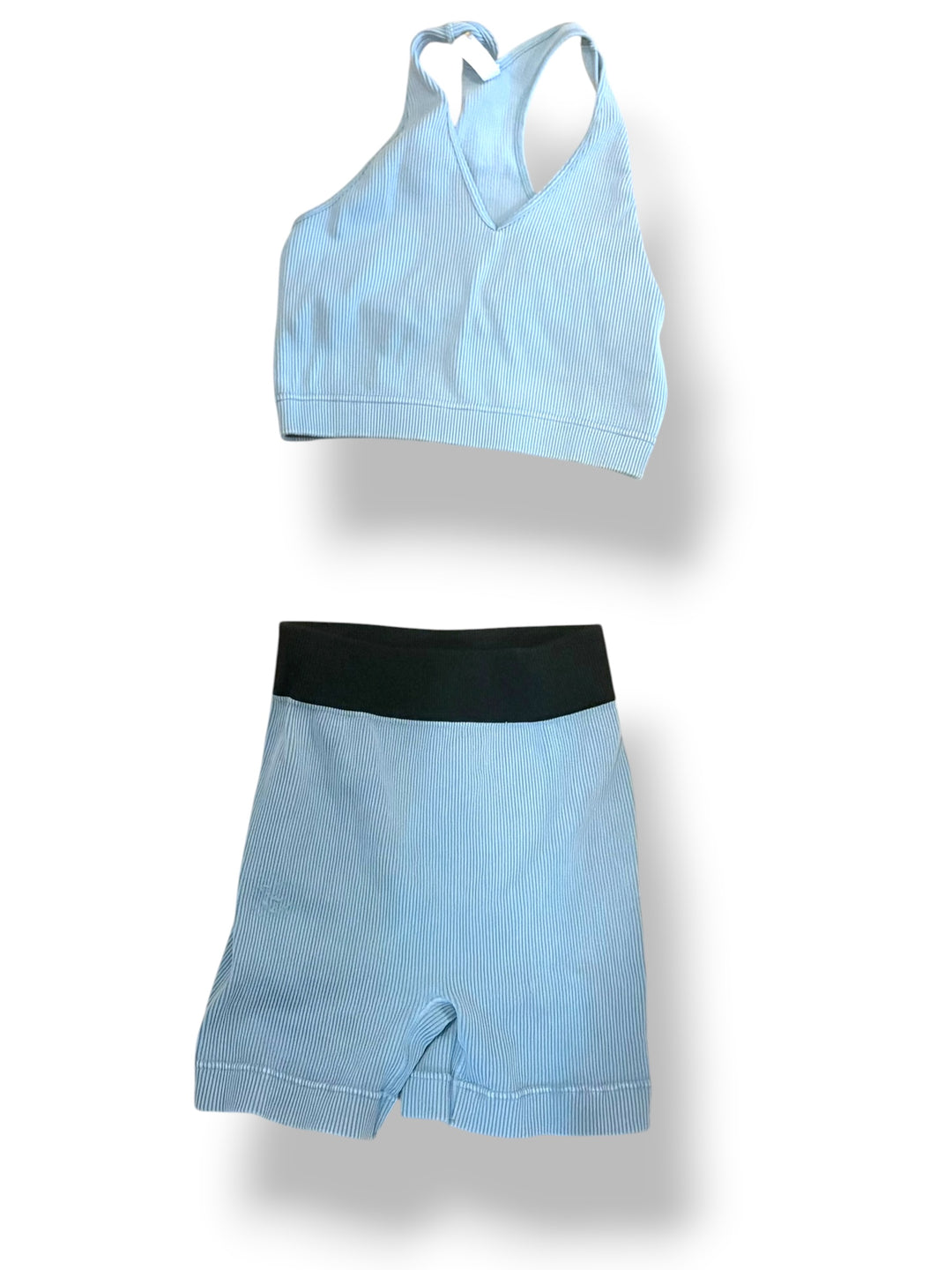 Light Blue Ribbed Sports Bra Biker Shorts Matching Workout Set L/XL