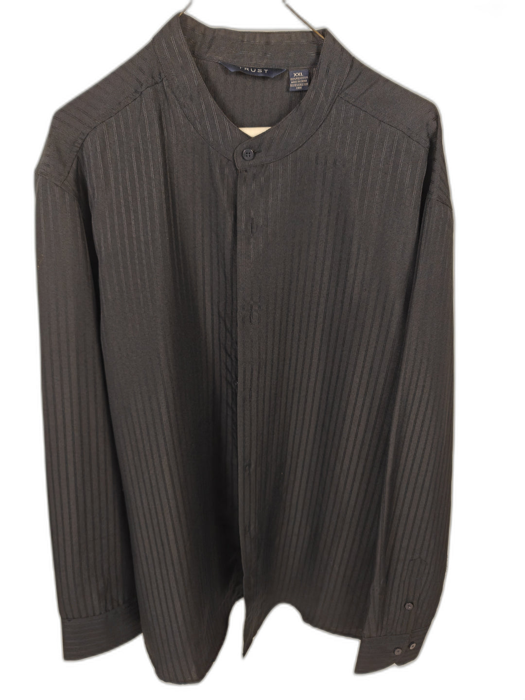 Trust Men's XXL Black Banded Collar Dress Shirt Long Sleeve Textured Stripe Casual Button Up