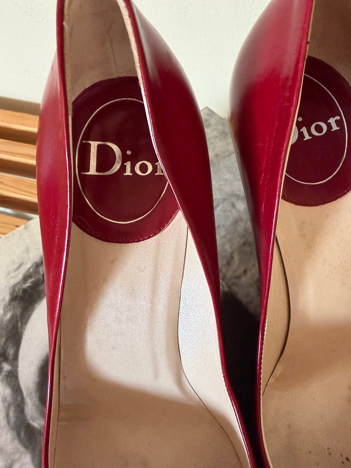 Vintage Christian Dior Red Leather Logo Buckle Pumps 38.5