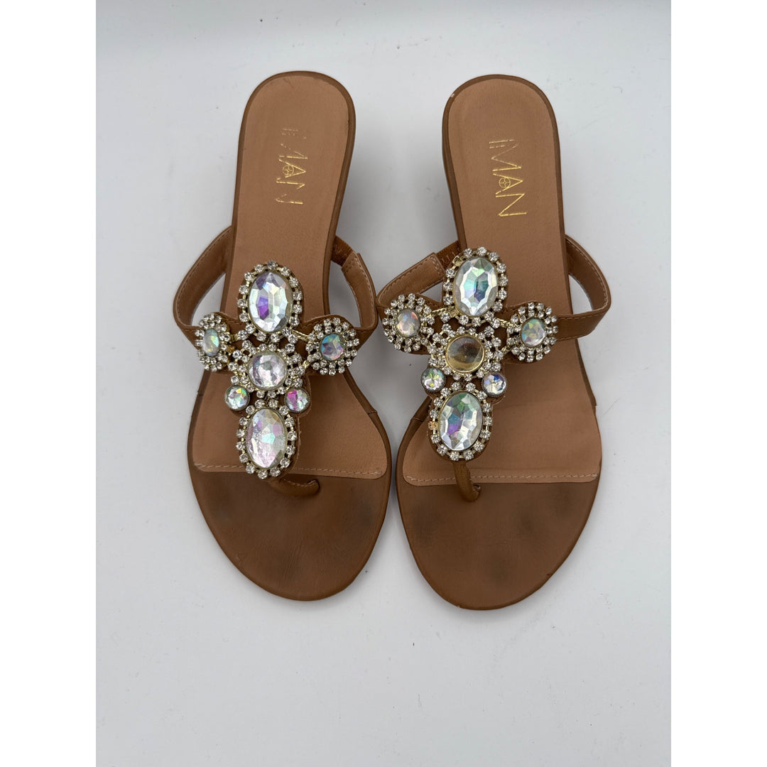 IMAN Womens Rhinestone Embellished Wedge Sandals Size 7W