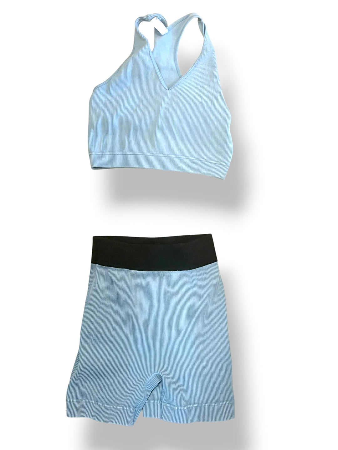 Light Blue Ribbed Sports Bra Biker Shorts Matching Workout Set L/XL