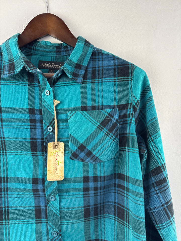 Women’s North River Small Teal &amp; Black Plaid Flannel Button Up