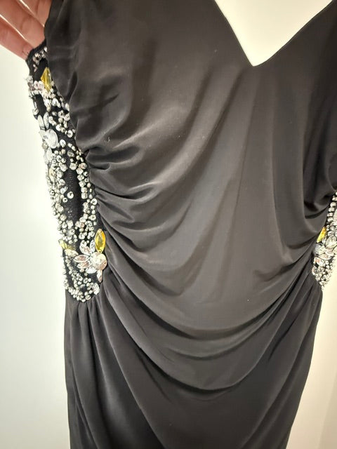 Black Ruched Metallic Jewel Evening Gown Fits Sz4–8