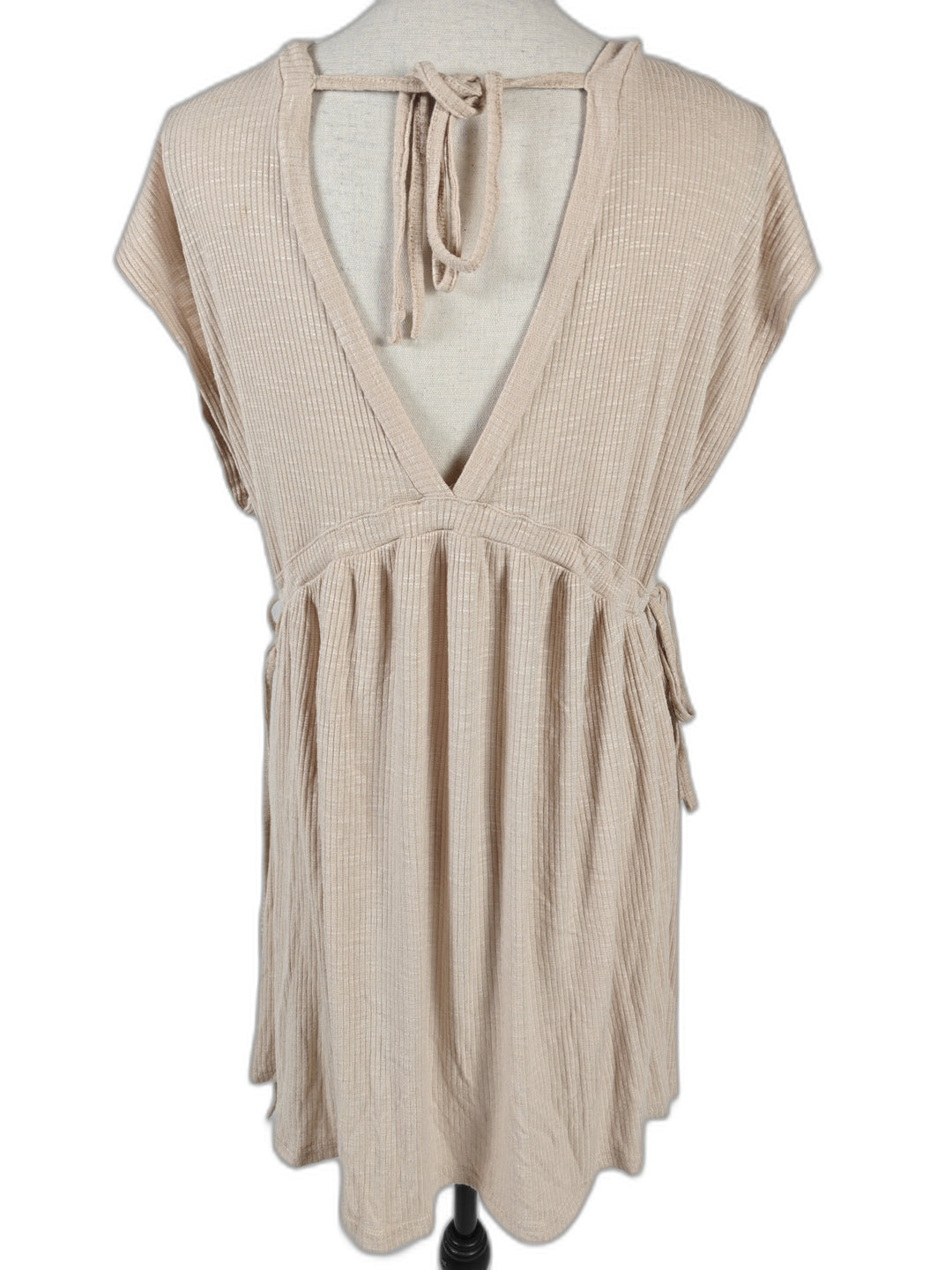 Women’s Pull&amp;Bear Babydoll Dress Beige Ribbed Tie Waist Size L