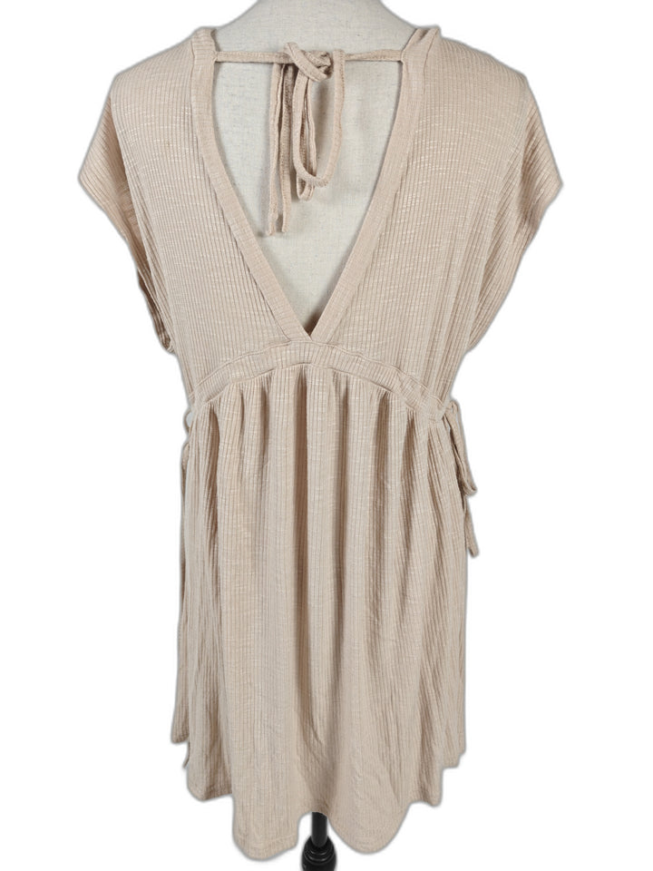 Women’s Pull&amp;Bear Babydoll Dress Beige Ribbed Tie Waist Size L