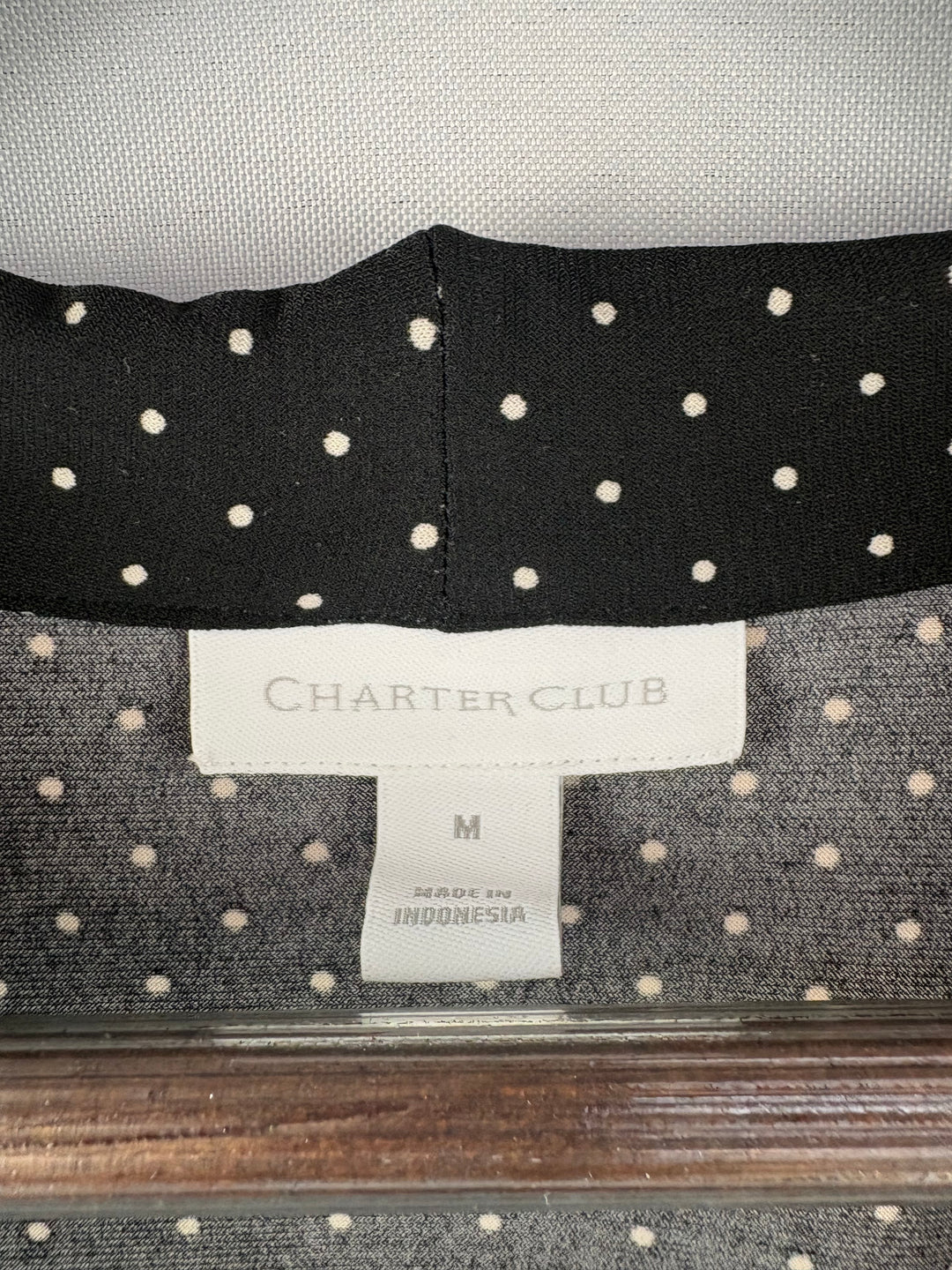 Women’s Charter Club Medium Black Blouse w/ White Polka Dots