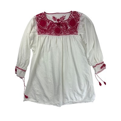 Women's Handmade Vintage White & Red Embroidered Peasant Blouse