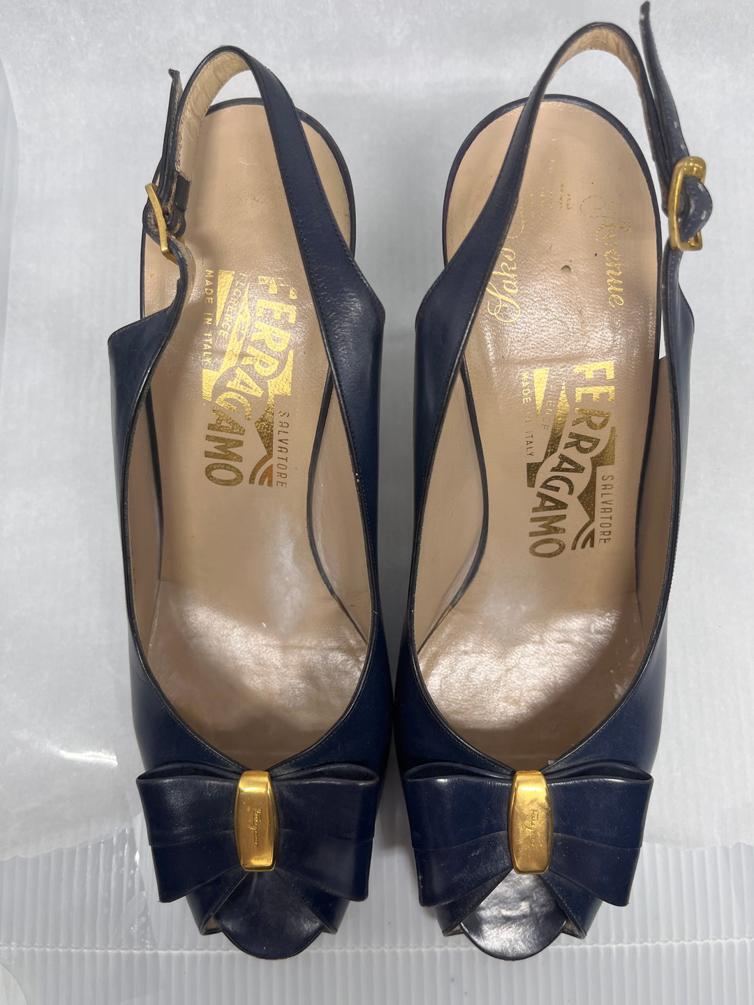 Salvatore Ferragamo Dark Blue Peep Toe Slingback Heels Size 7.5