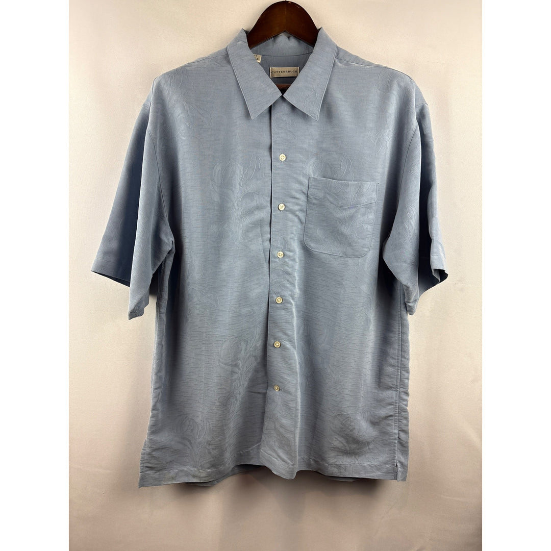 Men’s Cutter & Buck Large Light Blue Short Sleeve Button Up w/ Floral Embroidery